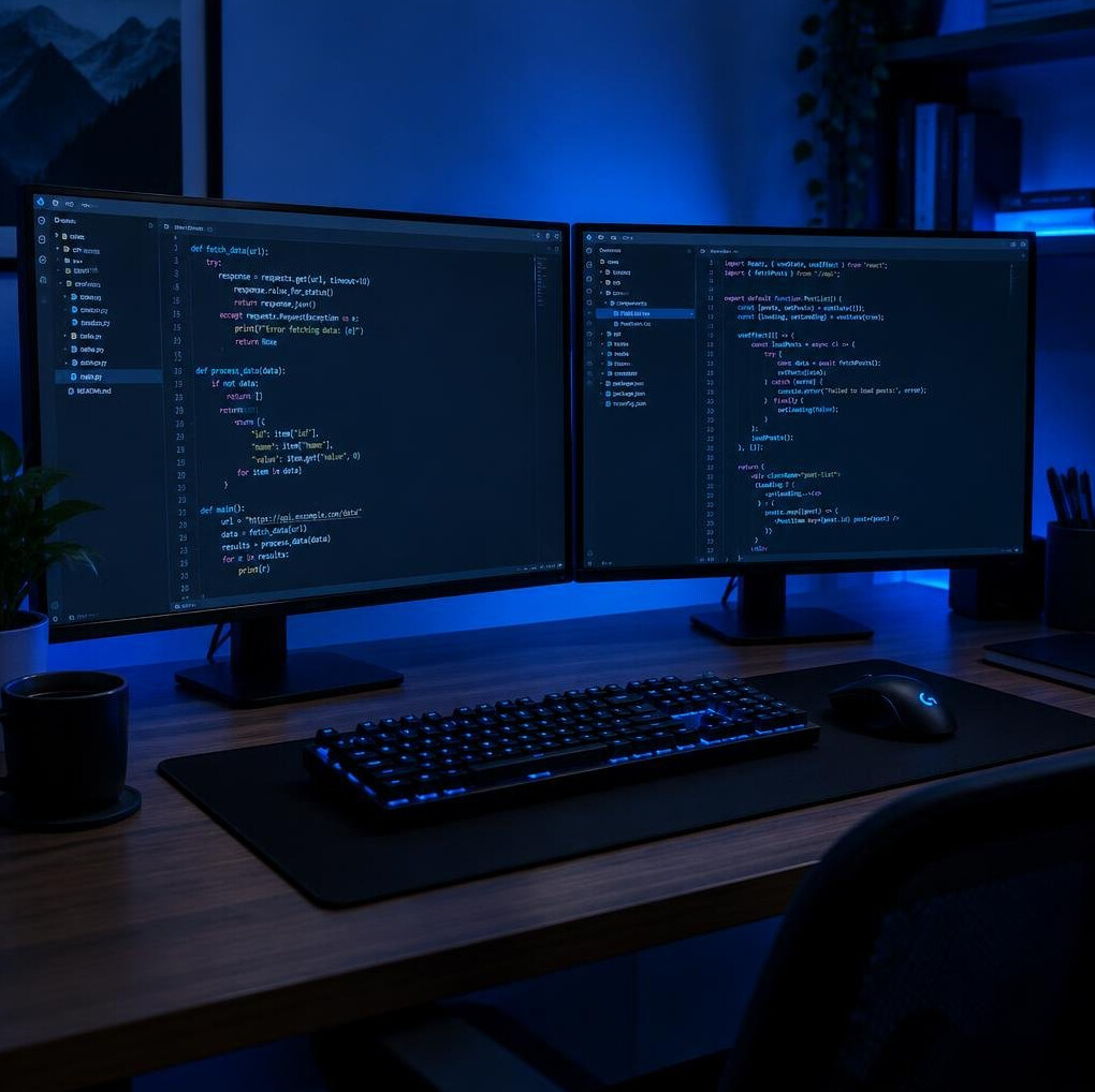 Two monitors on a desk displaying software code