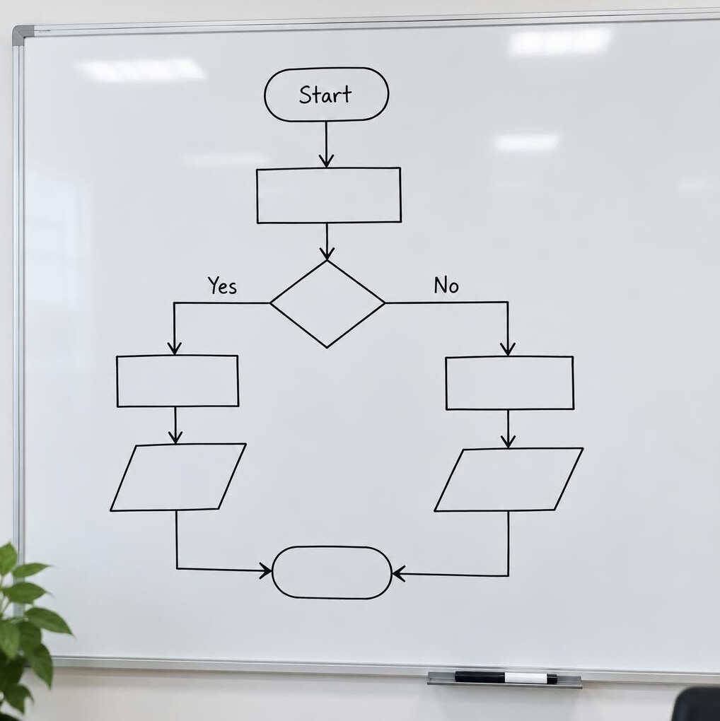 Whiteboard with a flowchart diagram drawn in marker