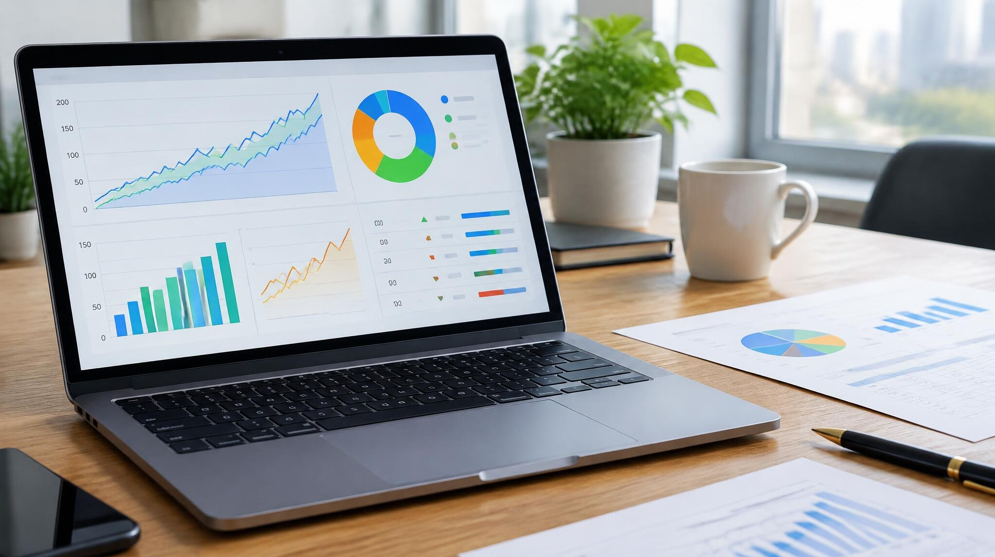 Laptop screen showing financial charts and documents on a desk